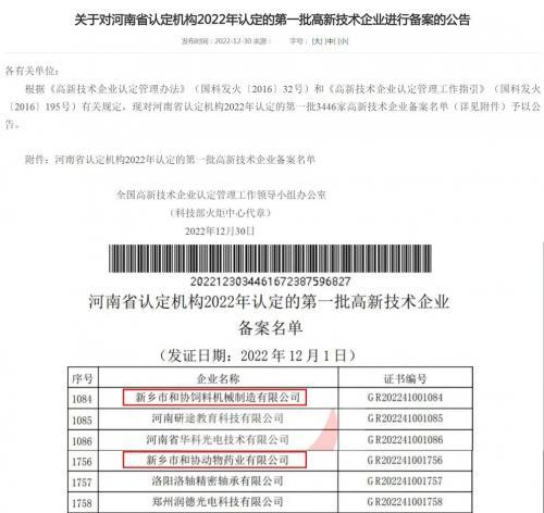 和协机械、和协药业双双通过国家高新技术企业认定！